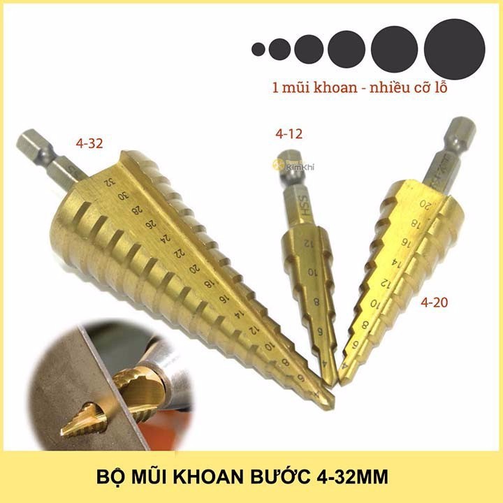 Bộ 3 mũi khoan tháp xoắn HSS 4-32mm khoan kim loại, sắt, nhôm, tôn