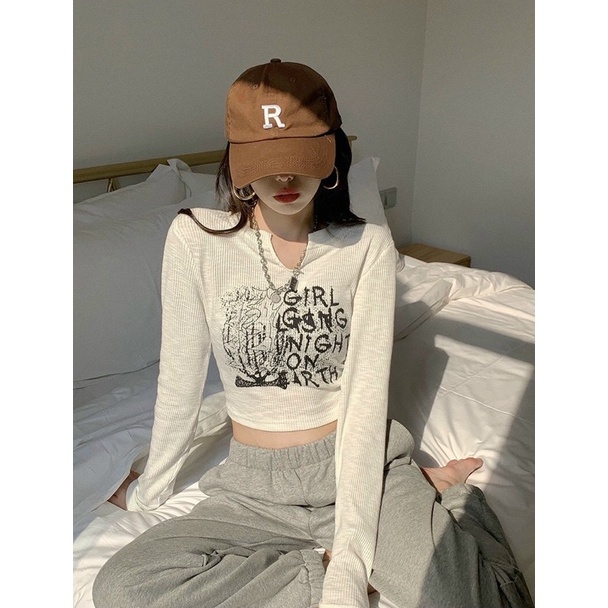 Áo croptop GB GIRL NIGHT tay dài cổ tròn phối hịn in siêu xinh cho Nữ - Thiên Yết