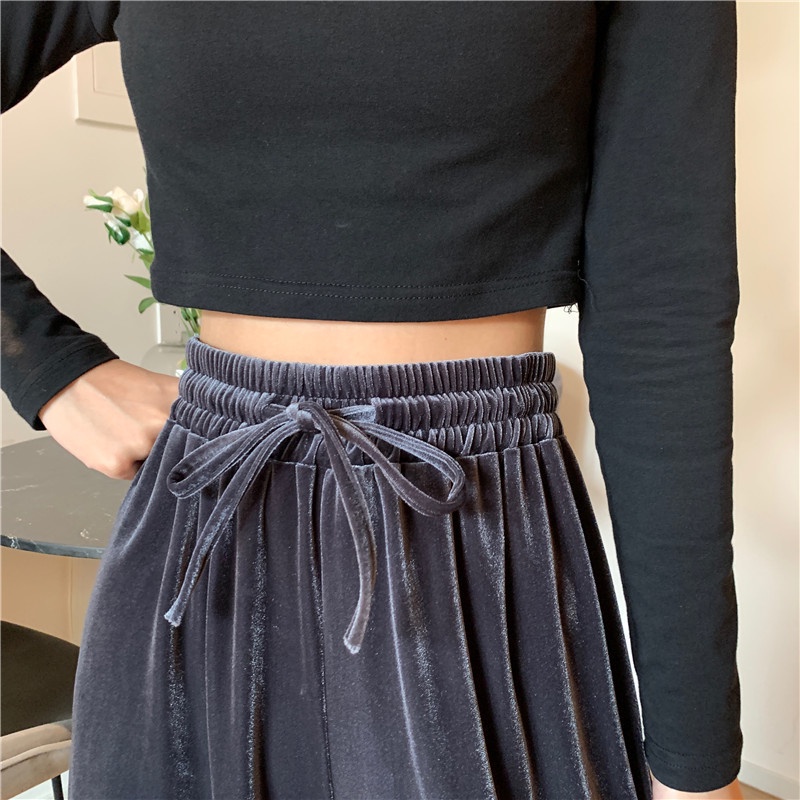 Quần Nhung Đen Ống Rộng Lưng Cao Phong Cách Hàn Quốc Thời Trang Mùa Xuân Cho Nữ