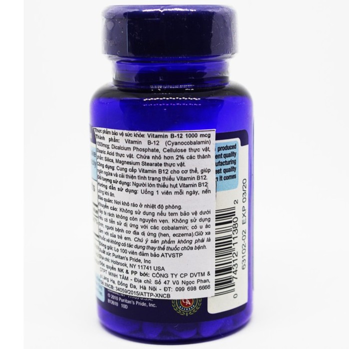 Viên uống hỗ trợ tế bào thần kinh và máu Puritan's Pride Timed Release B-12 1000mcg 100 viên