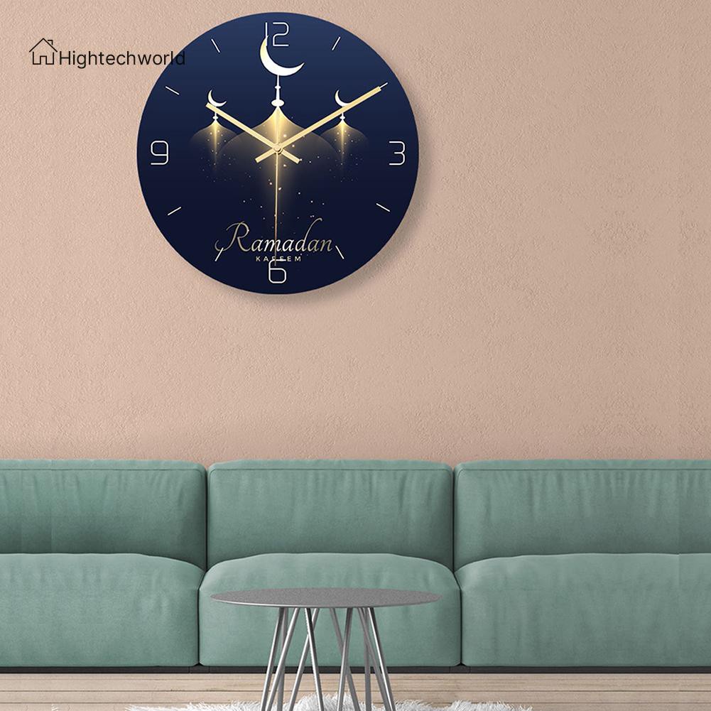 Hightechworld Muslim Moon Mosque Pattern Clock Frameless Round Wall Clock Ramadan Decor