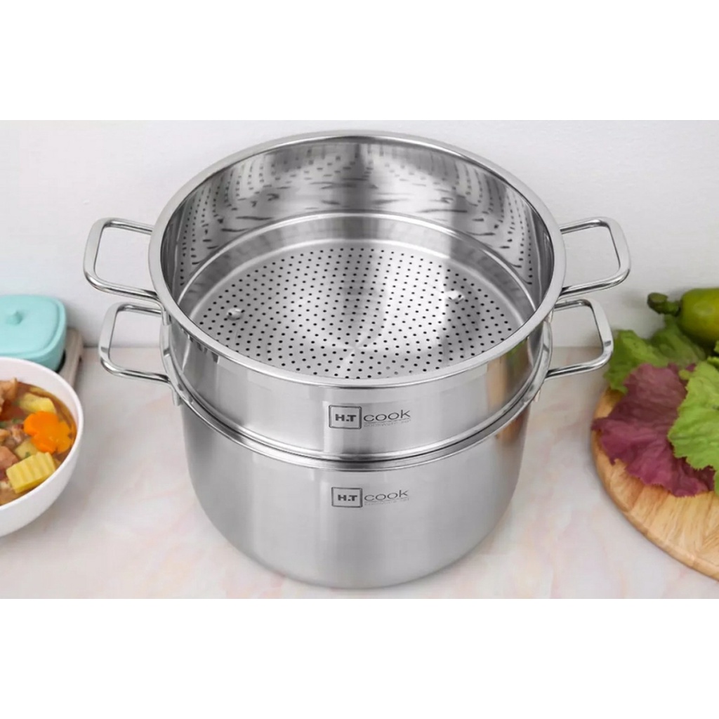Bộ nồi xửng hấp inox 1 đáy HT COOK 28 CM  INOX 430 Dùng được các loại bếp ( BẢO HÀNH 2 NĂM)