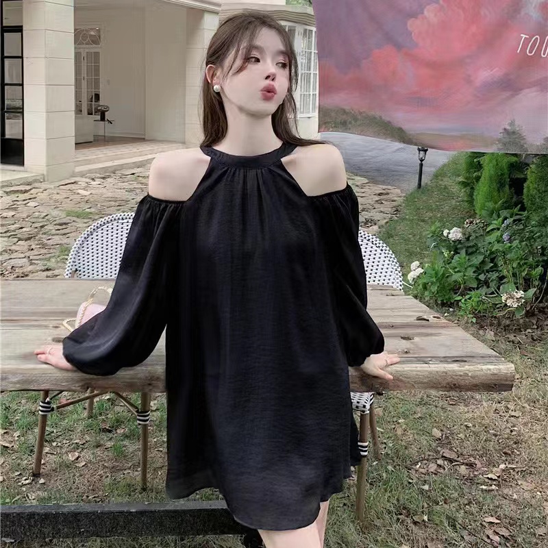 Đầm Tay Dài Hở Vai Màu Sắc Đơn Giản Cho Nữ