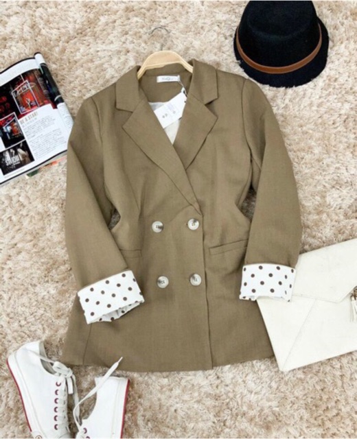 Áo khoác vest blazer thu Đông cúc đôi phối tay bi cho nàng công sở