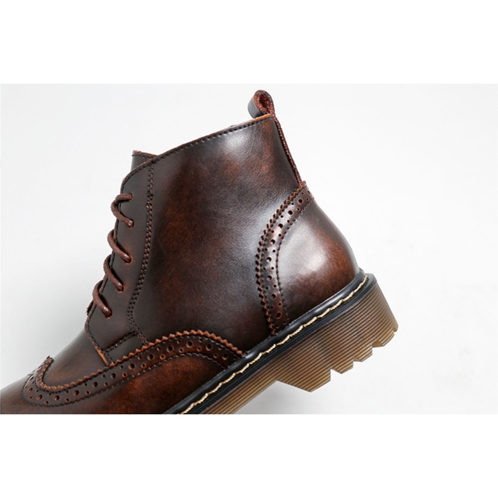 Giày bốt Martin phong cách JK Nhật Bản gót Thấp cổ cao Da bò trên Dây kéo bên