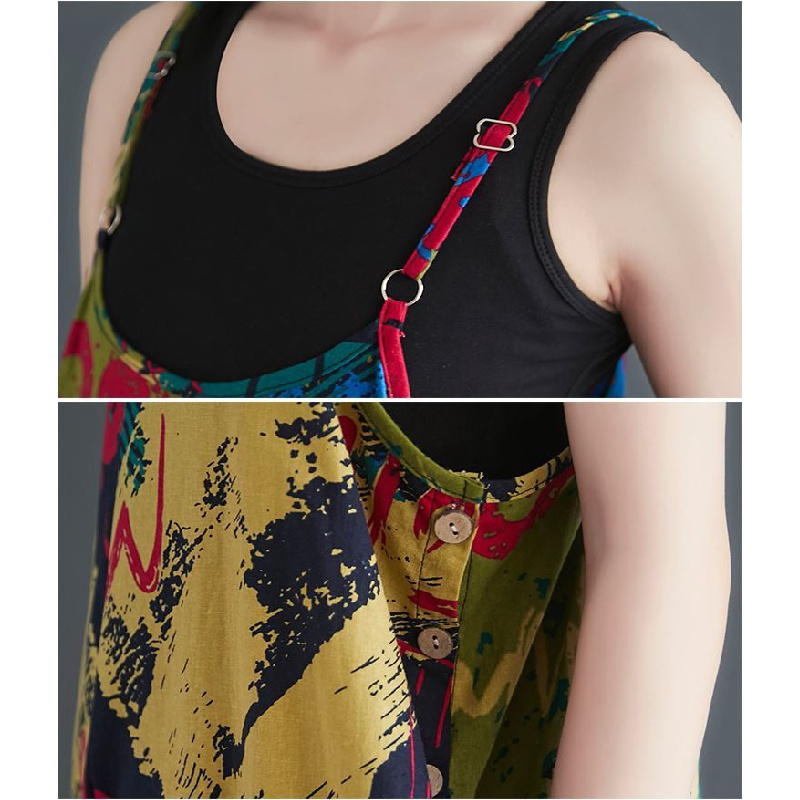 Quần Yếm Dài Đến Mắt Cá Chân Dáng Rộng Bằng Cotton Lanh In Họa Tiết Cổ Điển Dành Cho Bạn Nữ