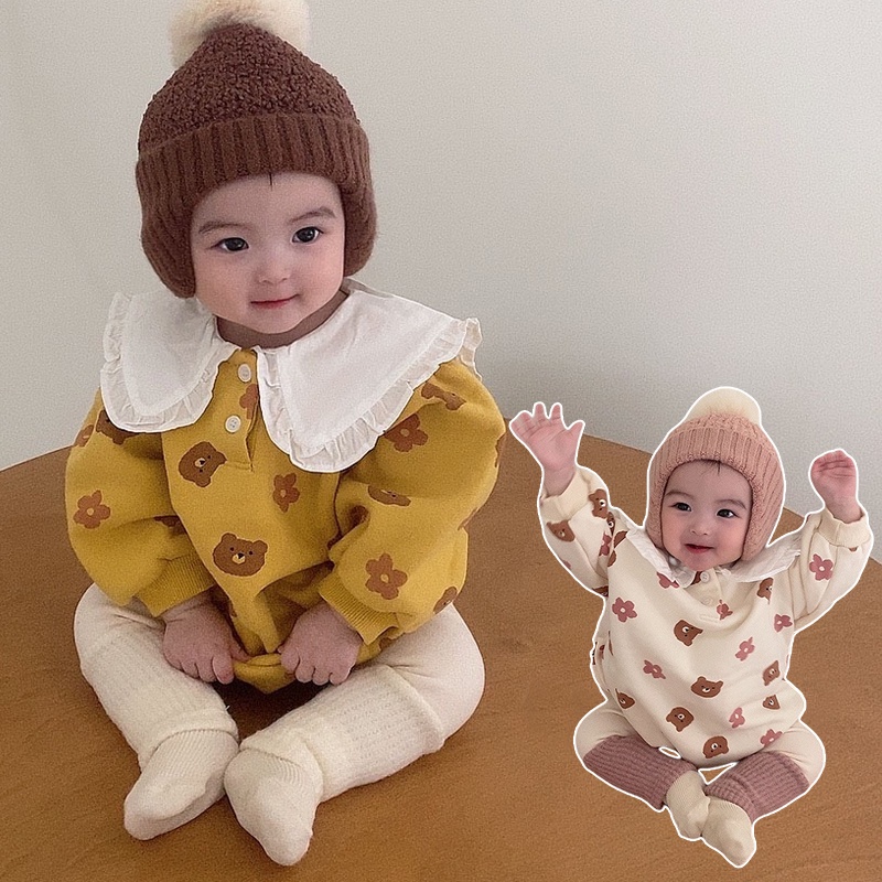 Bộ áo liền quần tay dài cổ búp bê in hoa gấu dễ thương cho bé gái