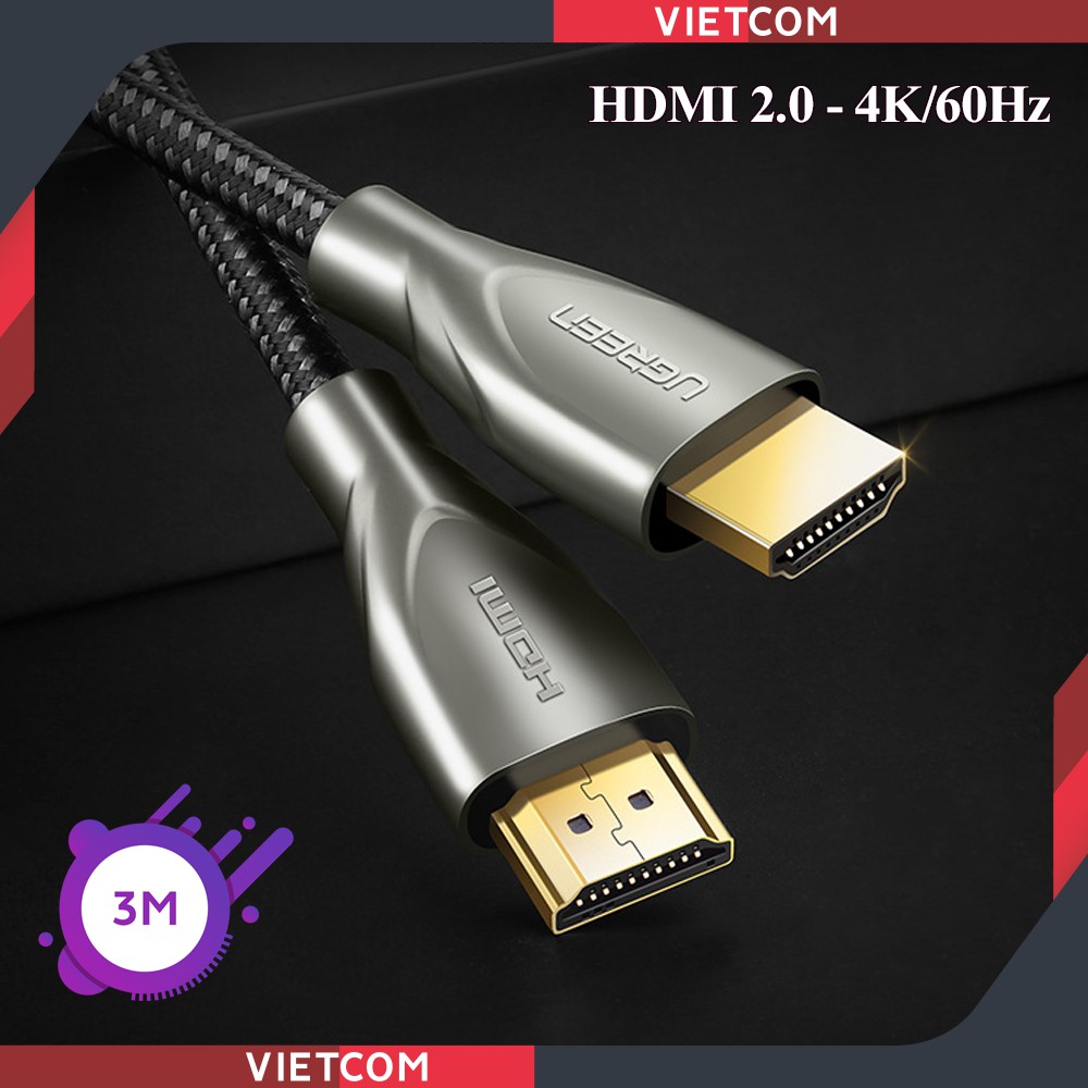 Cáp HDMI 2.0 Ugreen Carbon 3M Chuẩn 4K/60MHz  Đầu Cáp Mạ Vàng Cao Cấp - Mã 50109 - Bảo hành 18 tháng