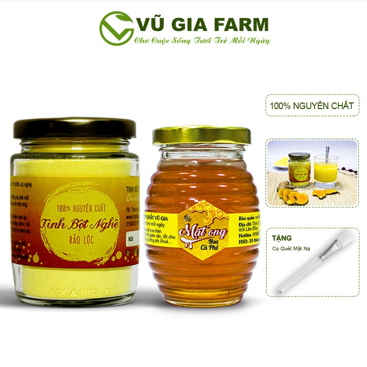 Tinh Bột Nghệ Nguyên Chất 100g + Mật Ong Hoa Cà Phê 100ml - Vũ Gia + Tặng Cọ Quét