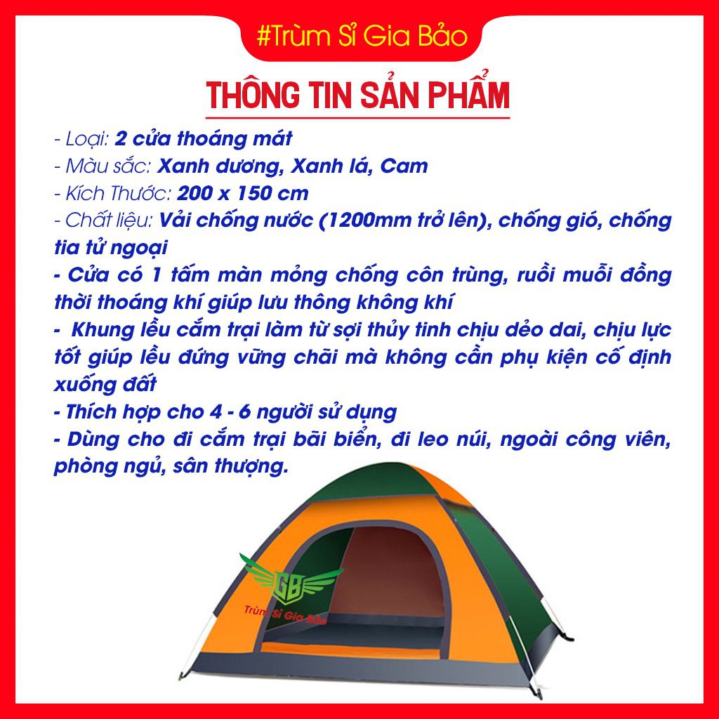 Lều Cắm Trại 2 - 3 - 4 - 5 - 6 Người Tự Bung Giá Rẻ Chống Nước , Lều Trại Dã Ngoại Du Lịch Cho Các Phượt Thủ , Picnic .