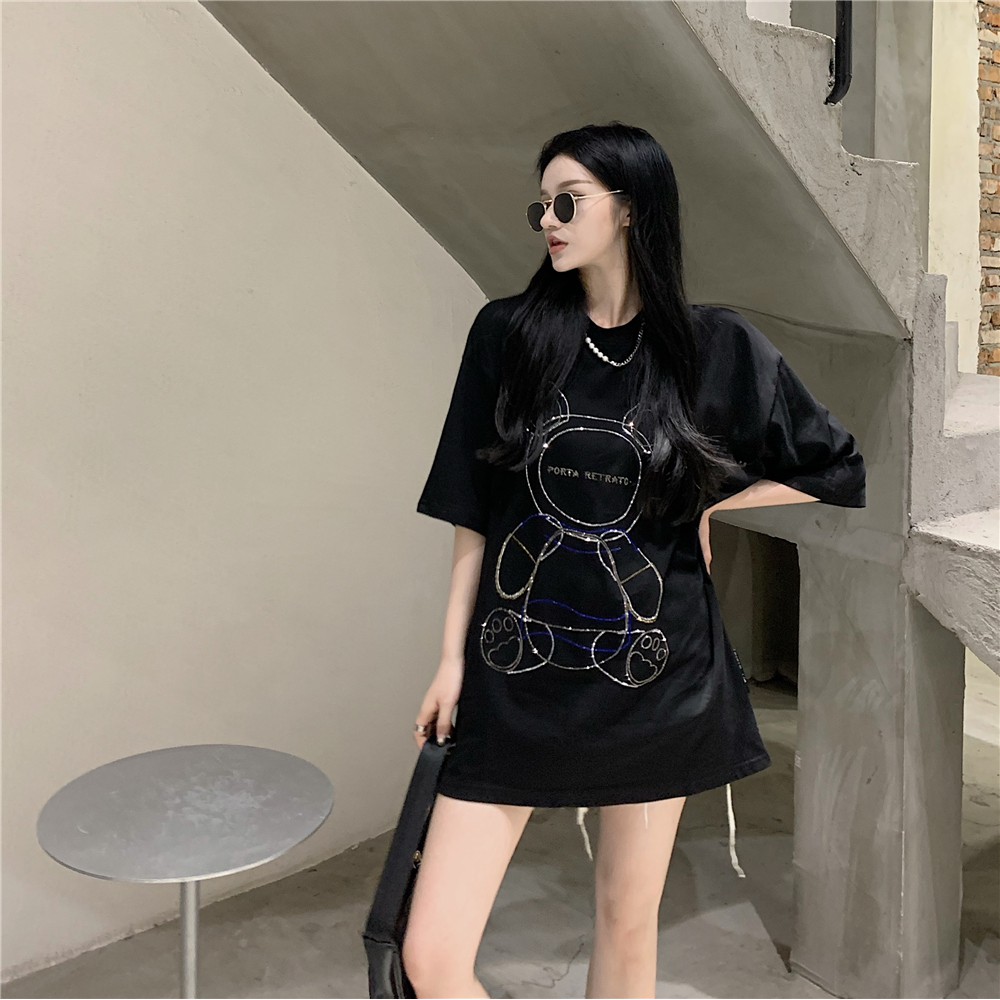 Hot Rhinestone T-shirt Women's Summer Bear Black Short Sleeve Loose New Style Thin Medium and Long Heavy Industry Top