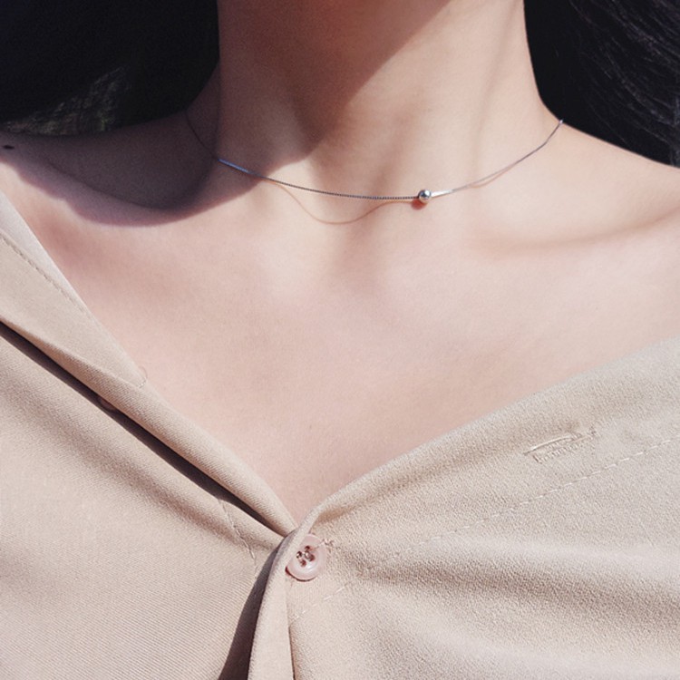 S925 silver small round beads short female necklace B51