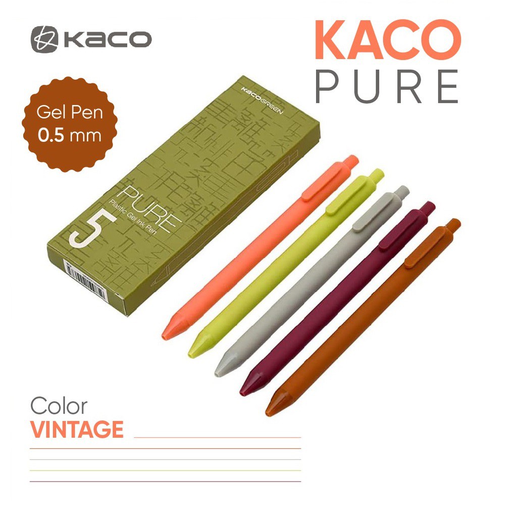 Bộ 5 bút gel KACO PURE Plastic Gel Ink Pen loại Vintage mực nhiều màu cao cấp chính hãng - Minh Tín Shop