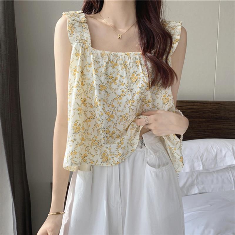 Áo Thun Không Tay Dáng Rộng Họa Tiết Hoa Xinh Xắn Cho Nữ