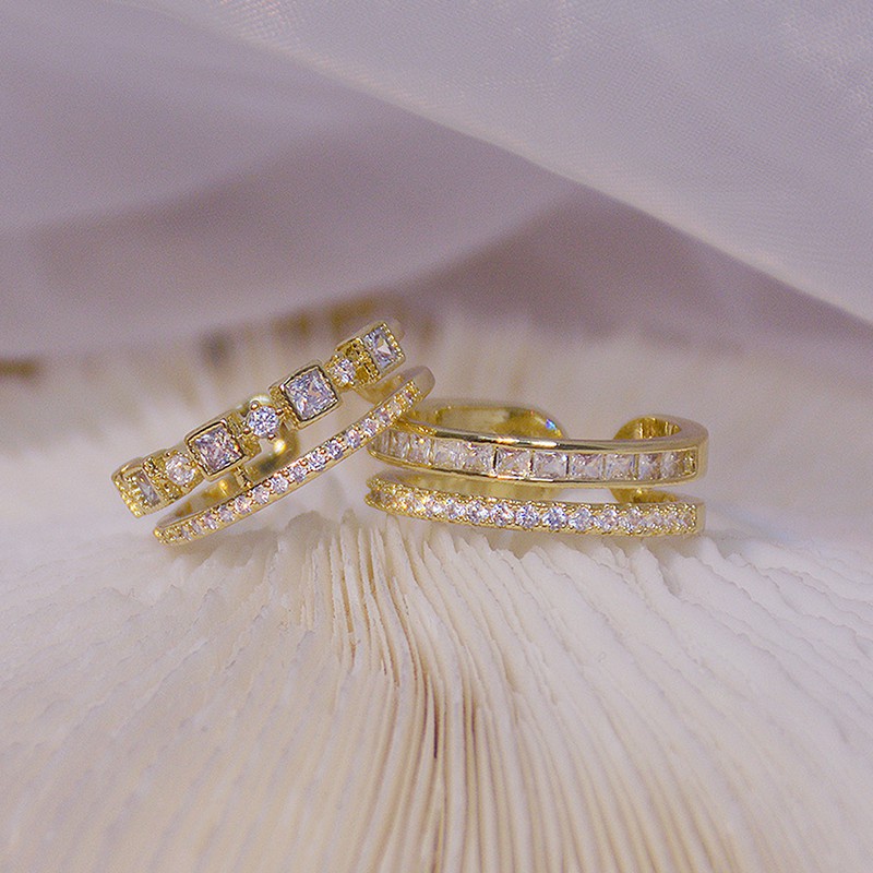 Nhẫn hở hai lớp mạ vàng thật 14k đính đá zircon có thể điều chỉnh cho nữ