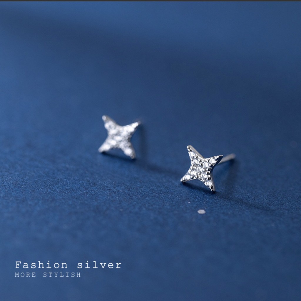 Bông tai bạc H.A.S hình ngôi sao bốn cánh đính đá - HBT42