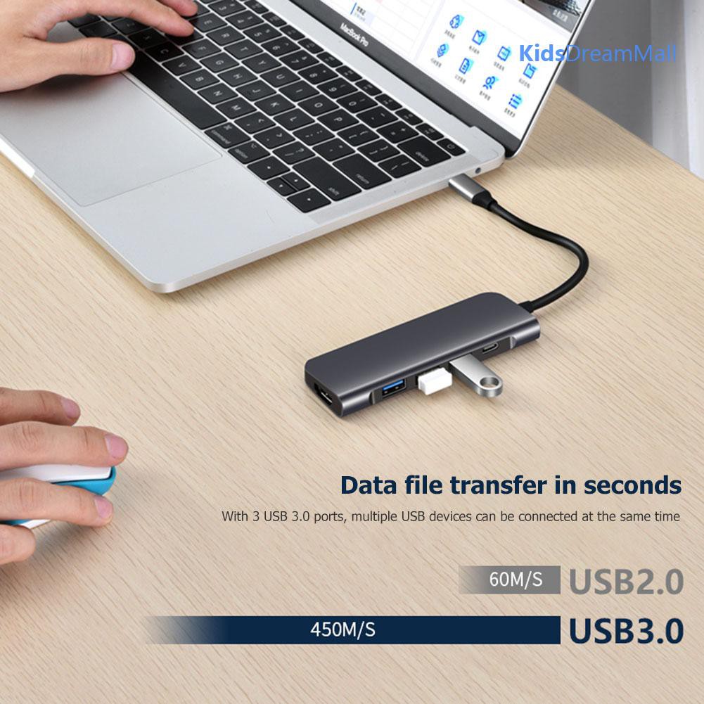 Đầu Chia Cổng Usb 5 Trong 1 Type C Sang Usb 3.0 65w Pd 4k Hdmi Cho Máy Tính