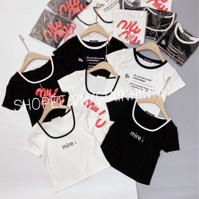 Áo thun kiểu dáng croptop cổ viền, Áo kiểu in chữ ngắn tay AT0005 - NhiNhi Shop