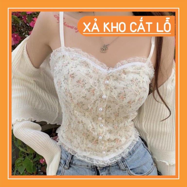 Áo Croptop 2 Dây Ren Hoa Nhí Đính Khuy Cúc Ngọc Kèm Mút Ngực Siêu Xinh