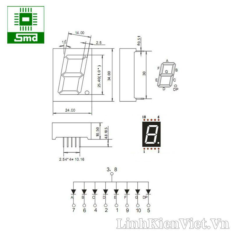 Led 7 thanh 1 Inch dương chung - Xanh vàng