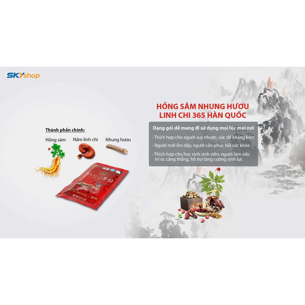 Nước Chiết Xuất Hồng Sâm ( 6 Năm Tuổi ) Nhung Hưu Linh Chi 365 Hansusan Hàn Quốc - Hộp 20 Gói