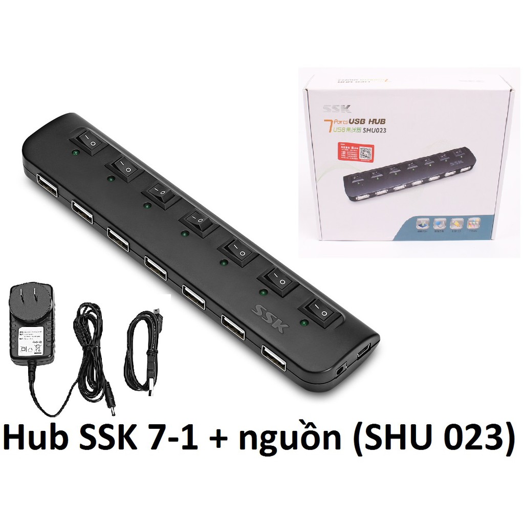 Hub USB bộ chia cổng USB 2.0 từ 1 ra 7 cổng có nguồn rời SSK SHU 023 có công tắc trên từng cổng USB