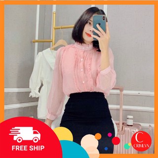 Sơ mi tiểu thu cổ cao tay dài freesize