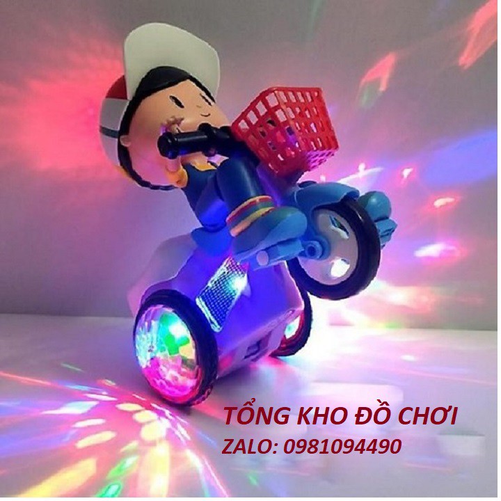 Đồ chơi em bé lái xe đạp bốc đầu xoay 360 độ phát sáng có nhạc vui nhộn