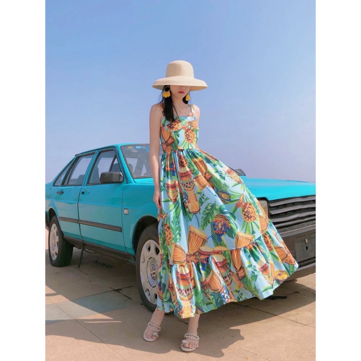 Váy hoa maxi LUHAZO 2 dây đi biển đi chơi hở lưng dáng dài rộng bigsize kiểu sang chảnh Hàn Quốc dk7t503