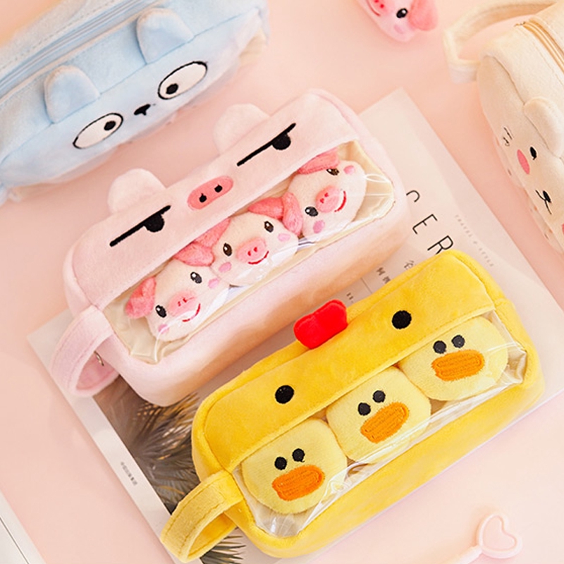 Túi Đựng Bút Trong Suốt Họa Tiết Hoạt Hình Phối Lông Nhung Xinh Xắn