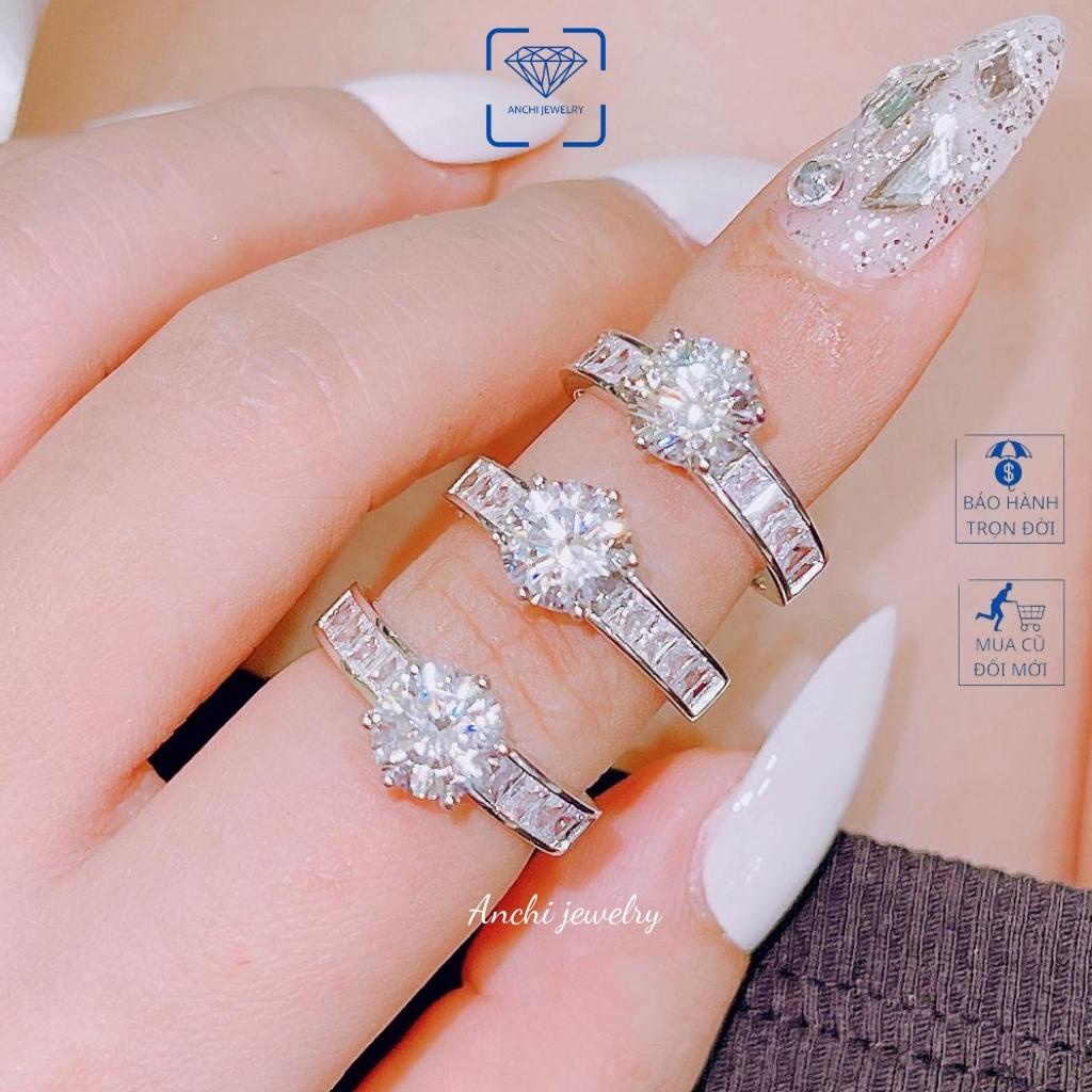 Nhẫn bạc nữ bạc 925 xi bạch kim đính đá 6 chấu thời trang, Anchi jewelry