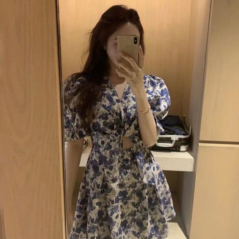 Đầm Ngắn Eo Cao In Hoa Kiểu Retro Pháp Thời Trang Mùa Hè Quyến Rũ Cho Nữ
