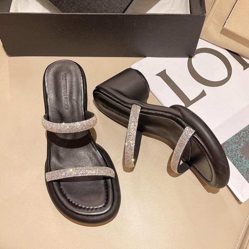 Giày Sandal Cao Gót Mũi Vuông Chống Trượt Đính Đá Thời Trang