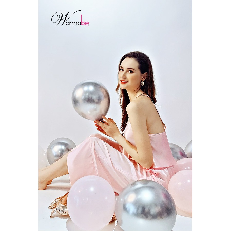 Đồ bộ mặc nhà phi lụa WANNABE BDS07 bộ dài áo croptop, quần dài ống suôn thắt nơ eo, áo ba lỗ lưng ren xinh đẹp