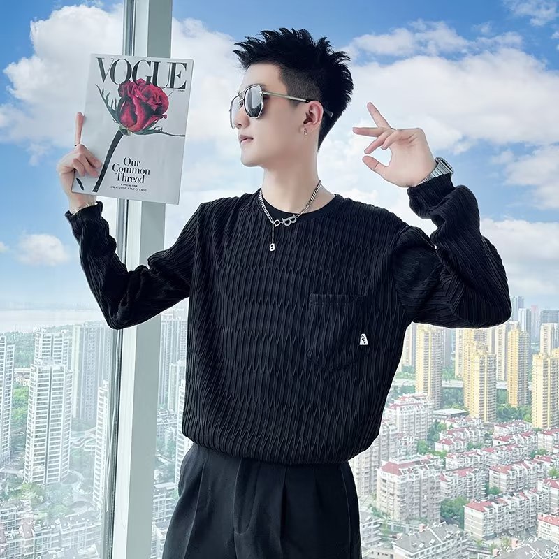 Áo Thun Tay Dài Cổ Tròn Có Túi Phong Cách Thời Trang Xuân Thu Cho Nam Giới Size M-3XL