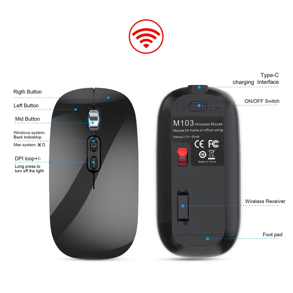 Chuột không dây HXSJ M103 wireless tự sạc pin siêu mỏng không gây tiếng ồn chuyên dùng cho Máy tính, pc, Laptop, Tivi