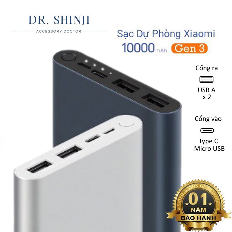 Pin Sạc Dự Phòng Xiaomi  Gen 3 Dung lượng 10000 mAh Tích Hợp Cổng Type-C Bảo Hành 12 Tháng