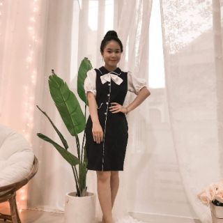 Đầm tiểu thư phối nơ cổ trắng đen(myle)