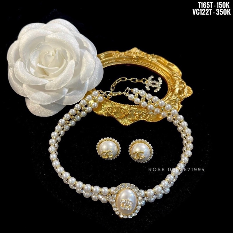 Sét vòng cổ hoa tai choker ngọc cực sang chảnh