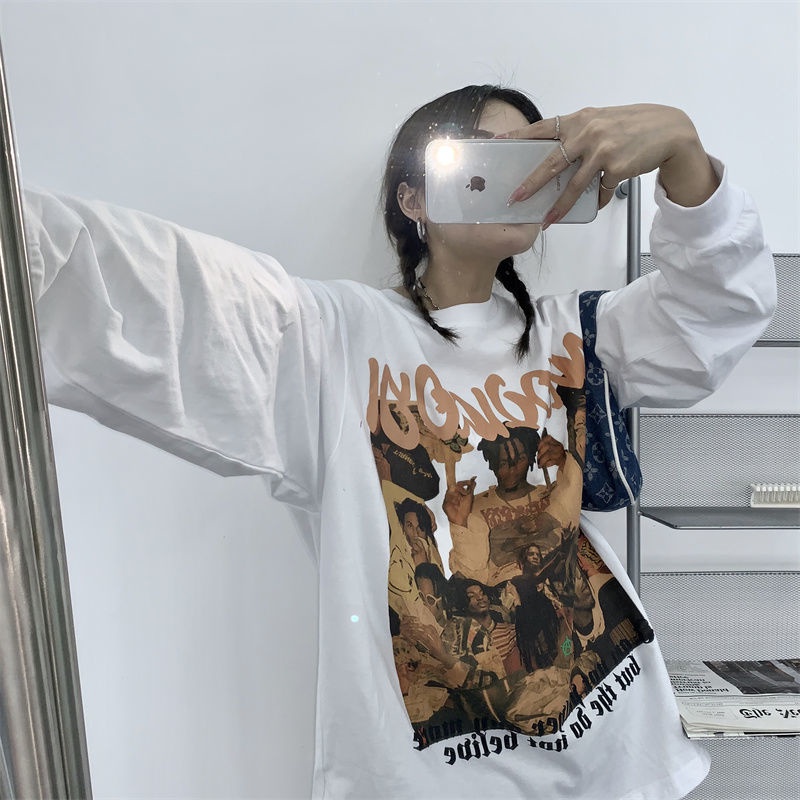 Áo thun IELGY tay dài dáng rộng in họa tiết phong cách hip hop Hàn Quốc dễ phối đồ thời trang cho nữ