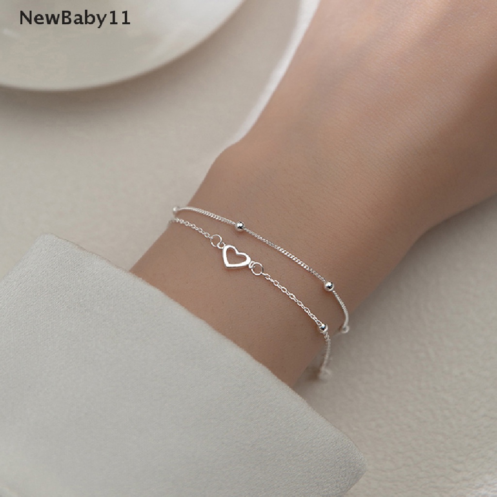 Vòng Tay Hai Lớp Mặt Hình Trái Tim Màu Bạc Có Thể Điều Chỉnh Cho Nữ
