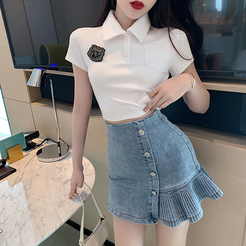 DUNEA Chân Váy Denim Lưng Cao Phối Nút Thiết Kế Xếp Ly Nữ Tính