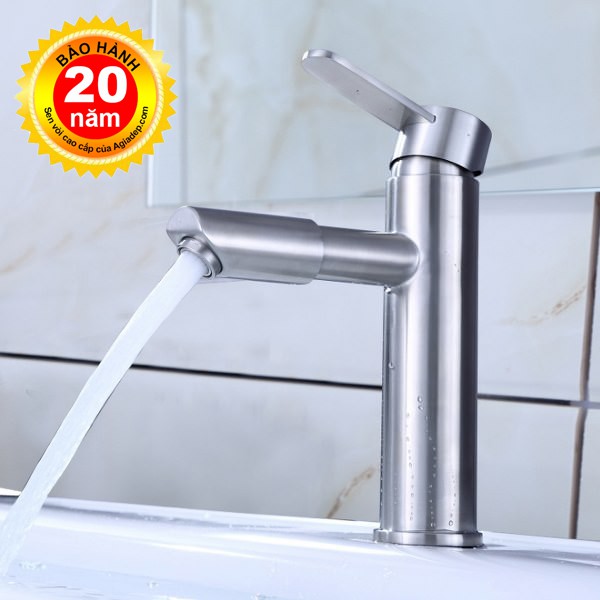 Vòi Lavabo nóng lạnh (trụ tròn, vòi thẳng, đầu xoay 360) SUS304 - Cao cấp ITALIA (Kèm đôi dây cấp nước)