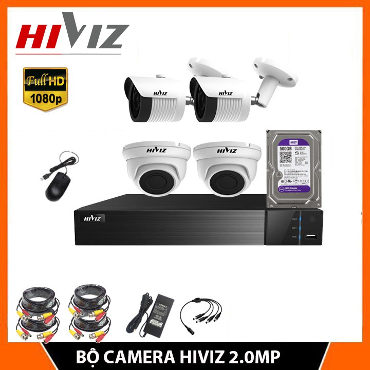 Bộ Kit Camera Hiviz CVI/TVI/AHD 2.0Mp Full HD - Trọn Bộ Camera AHD 4 Kênh + Ổ Cứng Lưu Trữ 500GB
