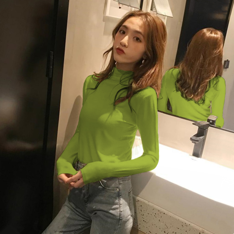 2020 autumn half high neck slim fit autumn and winter bottoming shirt all-match long-sleeved T-shirt women clothes top | BigBuy360 - bigbuy360.vn