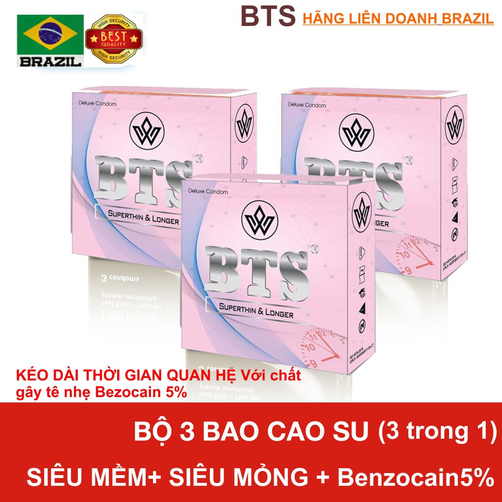 Bộ 3h Bao cao su BTS 3 trong 1 trợ giá từ siêu thị Durex BTS Siêu mềm-Mỏng và Benzocain 10%