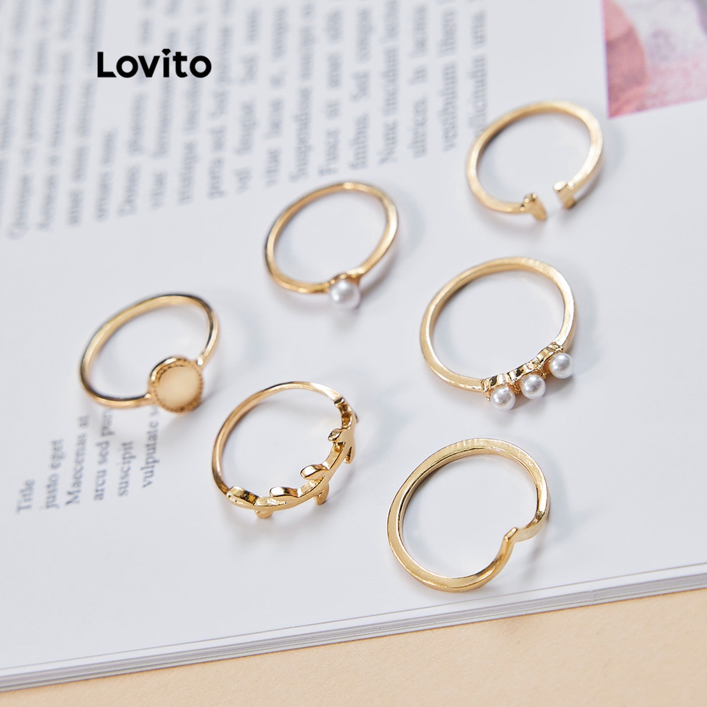 Nhẫn Lovito 6Pcs đính ngọc trai nhân tạo kiểu hình học đơn giản phong cách thanh lịch L17M153 (Màu vàng)