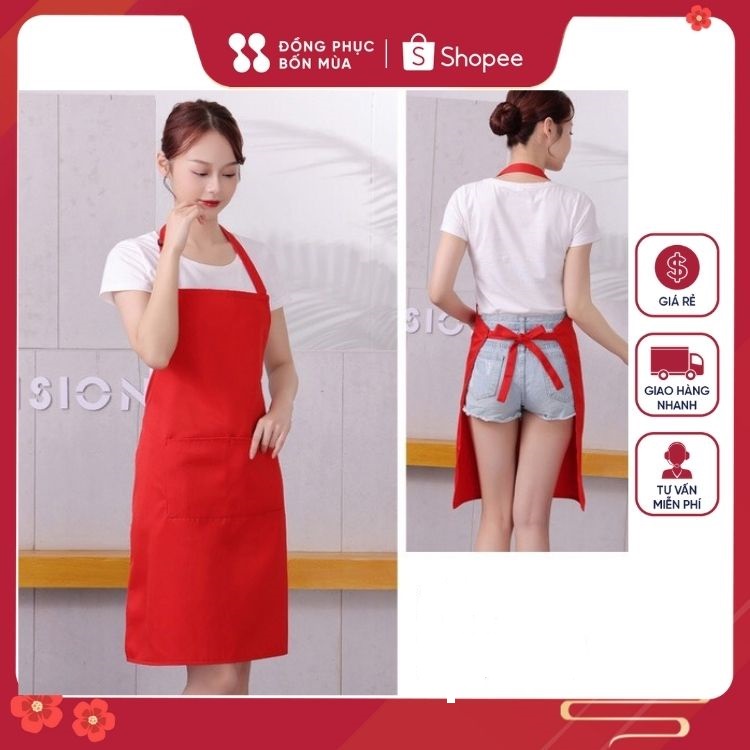 Combo 2 tạp dề yếm màu đỏ đồng phục hàng đẹp giá gốc - Vải kaki Hàn, không phai màu, chống thấm nước, chống bám bẩn