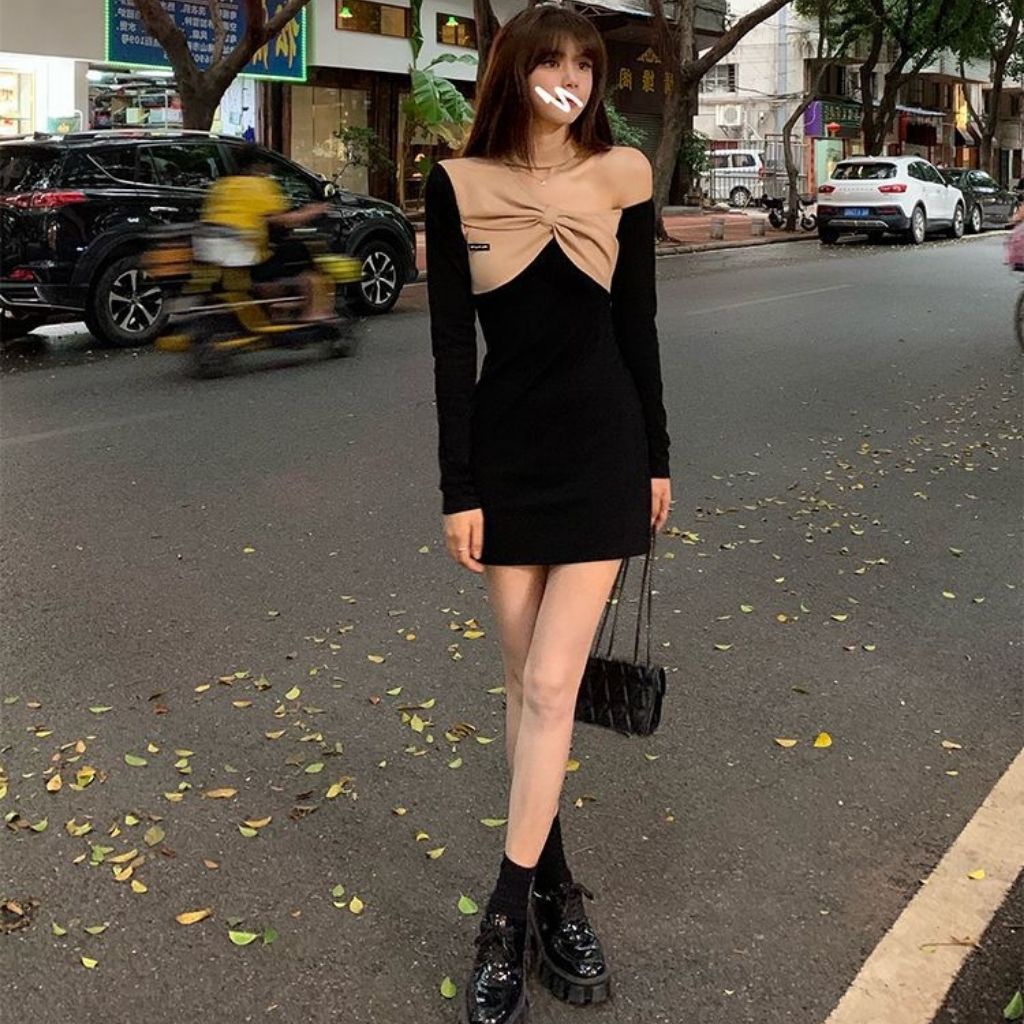 Váy body dài tay , đầm ngắn dáng ôm sexy , hở vai vải bông co dãn cao cấp phong cách thu đông Hàn Quốc