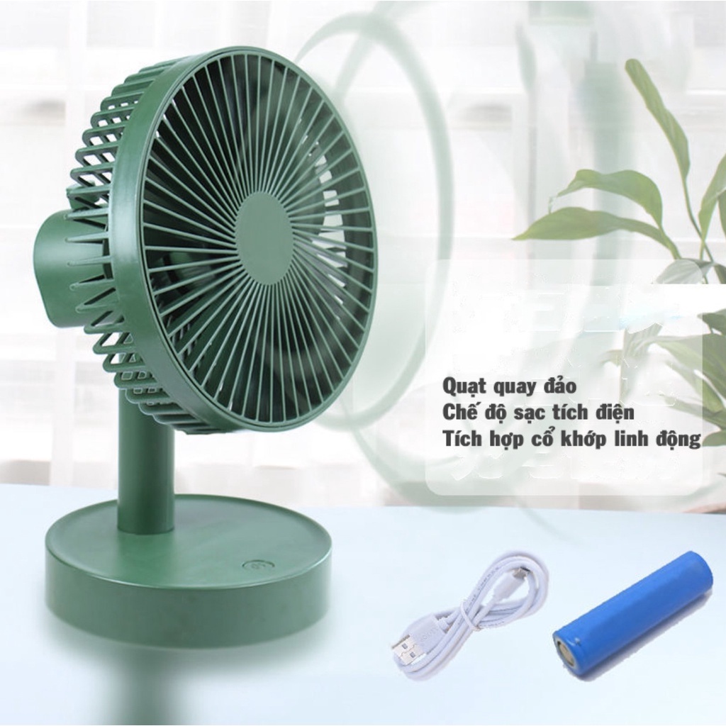 Quạt mini tích điện để bàn đa năng kiêm đèn ngủ tiếng ồn thấp, xoay 180 độ cổng sạc USB thích hợp cho dân văn phòng 6687